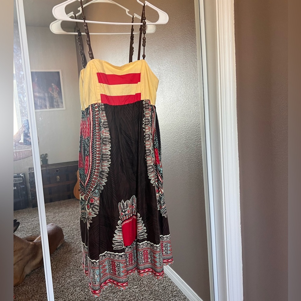 RARE wooden beaded spaghetti strap VINTAGE + VIBRANT midi dress for a boho fall.